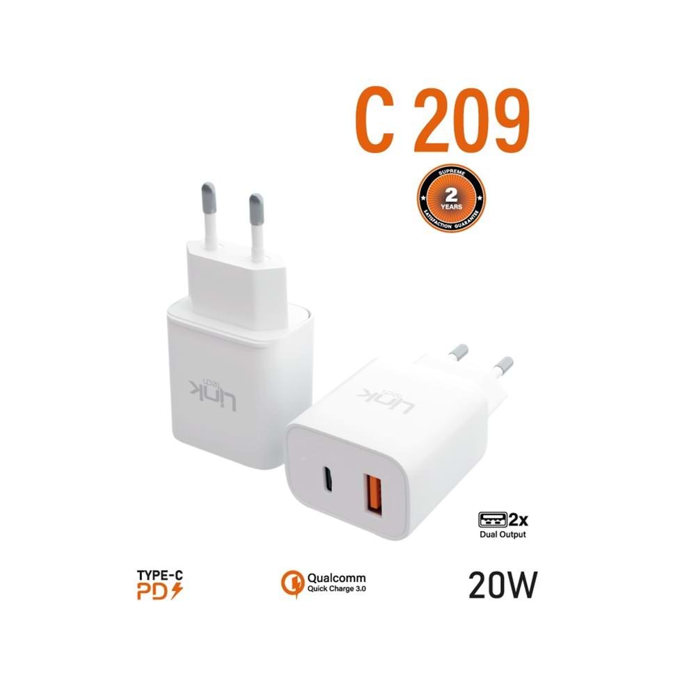 LİNK LSC-C209 SAFE USB-C + USB 20W DUAL HIZLI ŞARJ BAŞIĞI