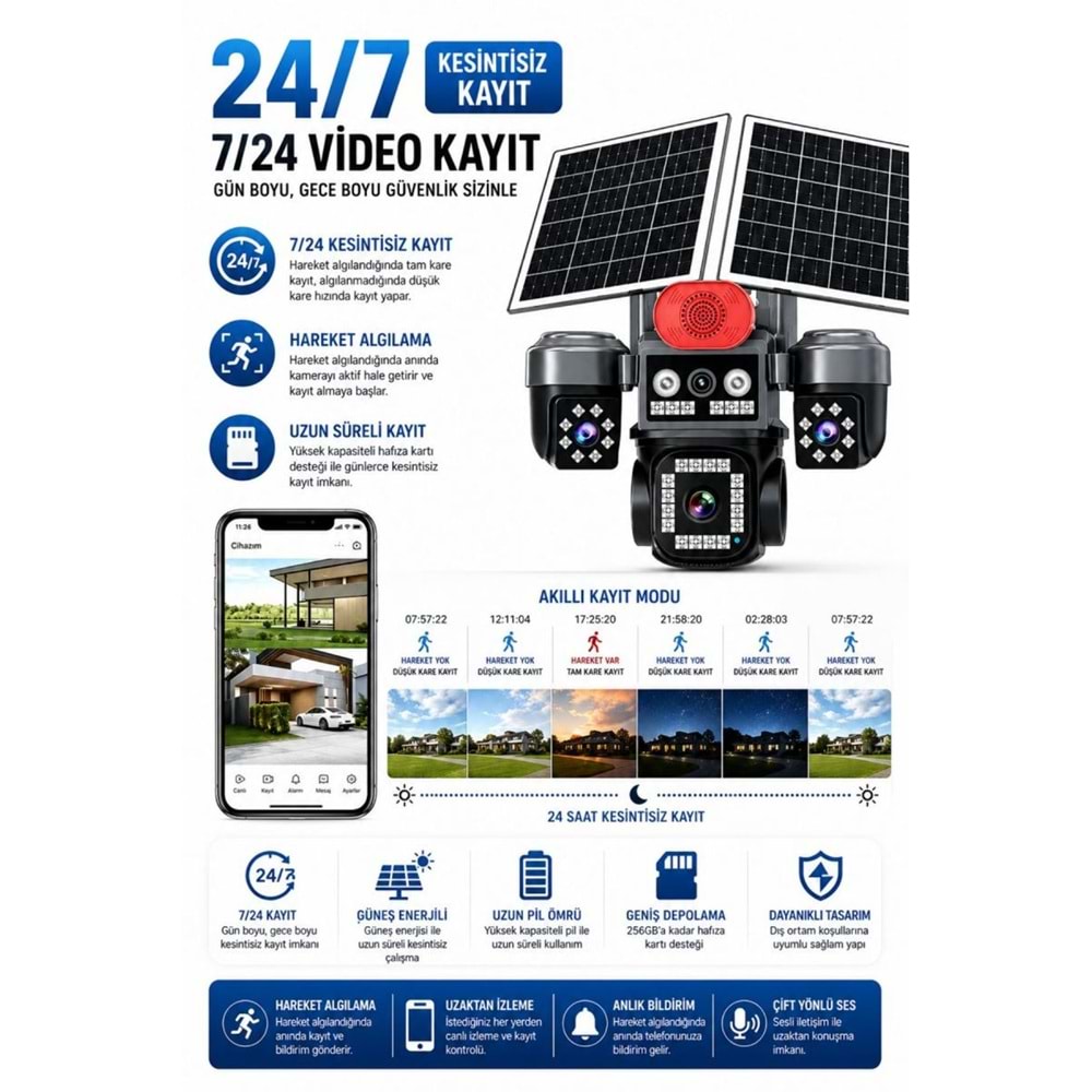 POLYGOLD SNR-20 4G DÖRT KAMERALI SOLAR ŞARJLI GÖSTEGELİ HDWİFİ IP KAMERA // LEERFEİ