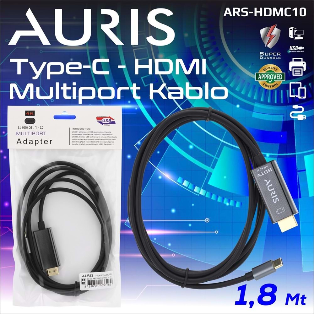 AURİS ARS-HDMC10 TYPC TO HDMI 1,8 M MULTIPORT ADAPTÖR