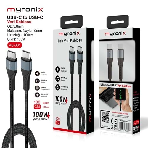 MYRONİX MY-001 USB-C TO USB-C 100W HIZLI ŞARJ VE VERİ AKTARIM KABLOSU