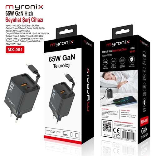 MYRONİX MX-001 – 65W GAN SEYAHAT ŞARJ CİHAZI