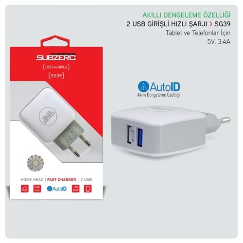 SUBZERO SG39 2 USB AKILLI DENGELEME HIZLI ŞARJ BAŞLIĞI
