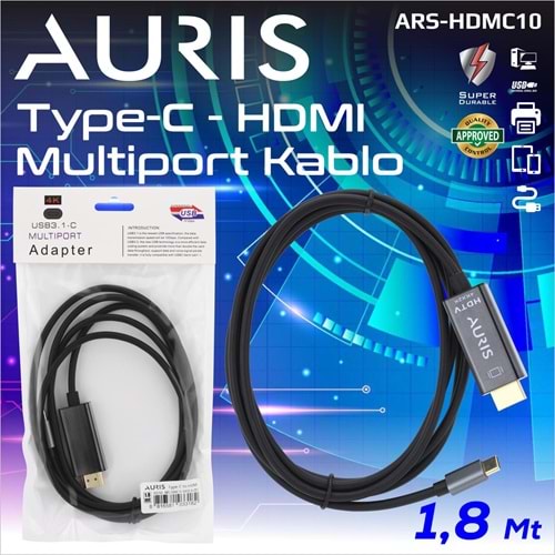 AURİS ARS-HDMC10 TYPC TO HDMI 1,8 M MULTIPORT ADAPTÖR