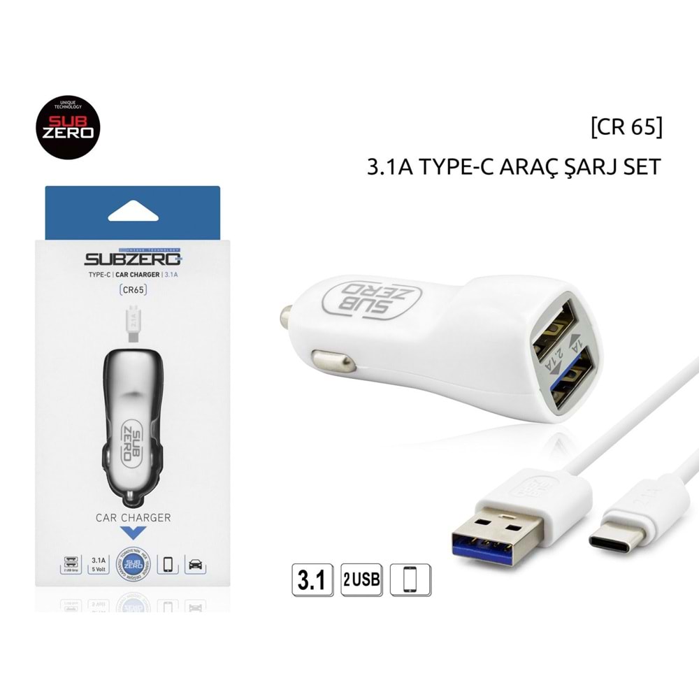 SUBZERO CR65 3.1A 2 USB Lİ TYPE-C ARAÇ KAFA