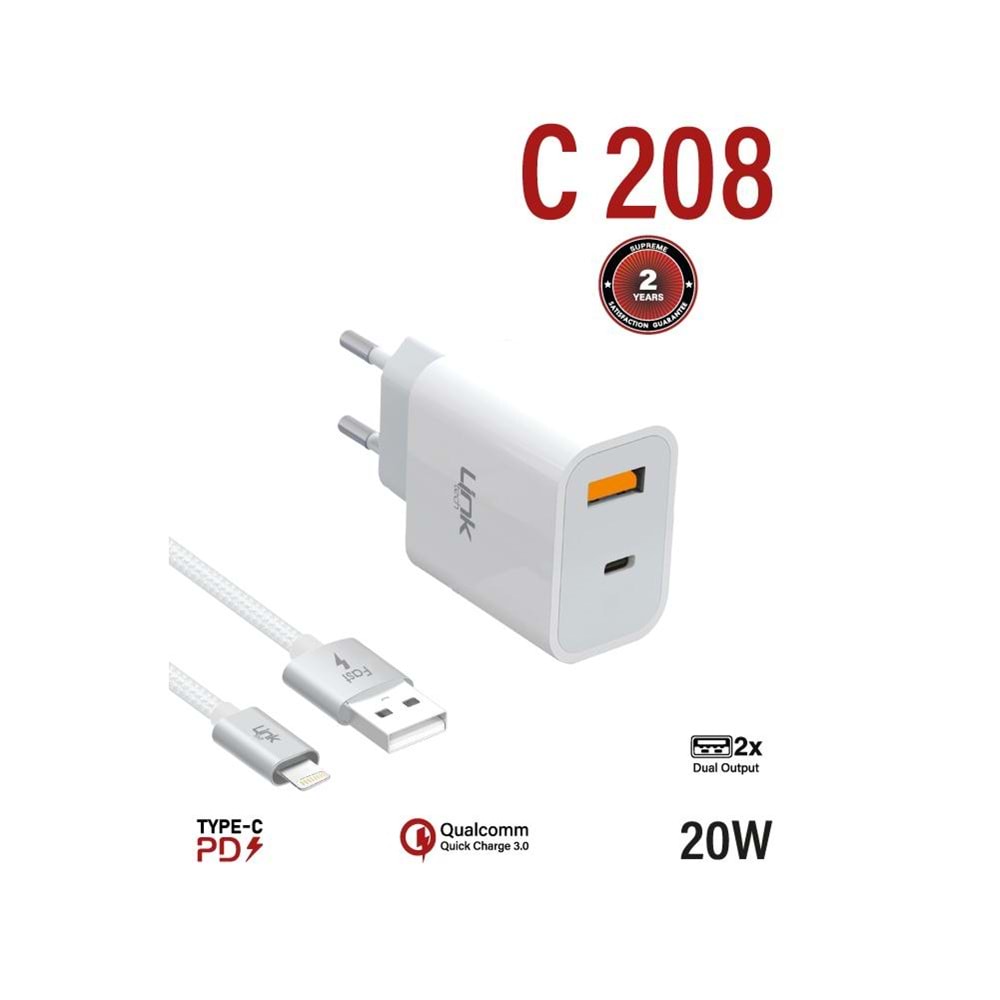 LİNK LSC-C208 USB-C + USB-A 20W DUAL HIZLI ŞARJ ALETİ + LİGHTNİNG KABLO