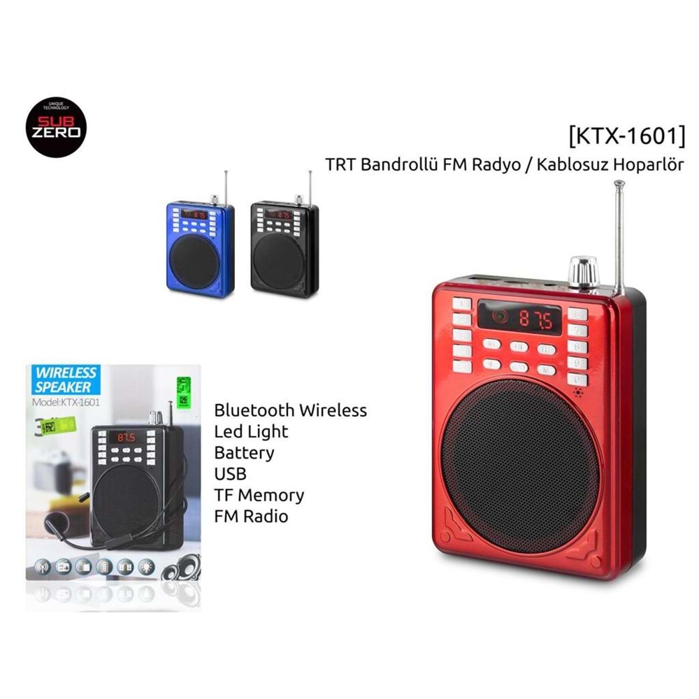 SUBZERO KTX-1601 WİRELESS RADİO BLUETOOTH HOPARLÖR